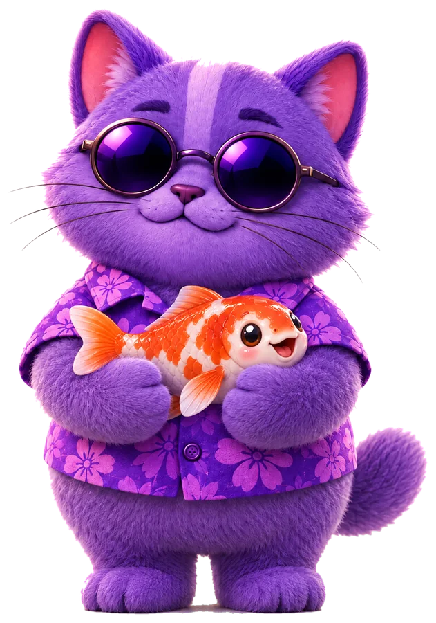 The Tahoe cat in a flowered shirt, holding a koi fish