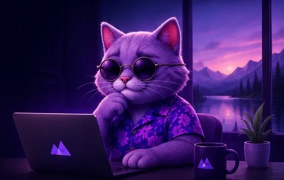 Tahoe mascot working on a laptop at a lakeside desk