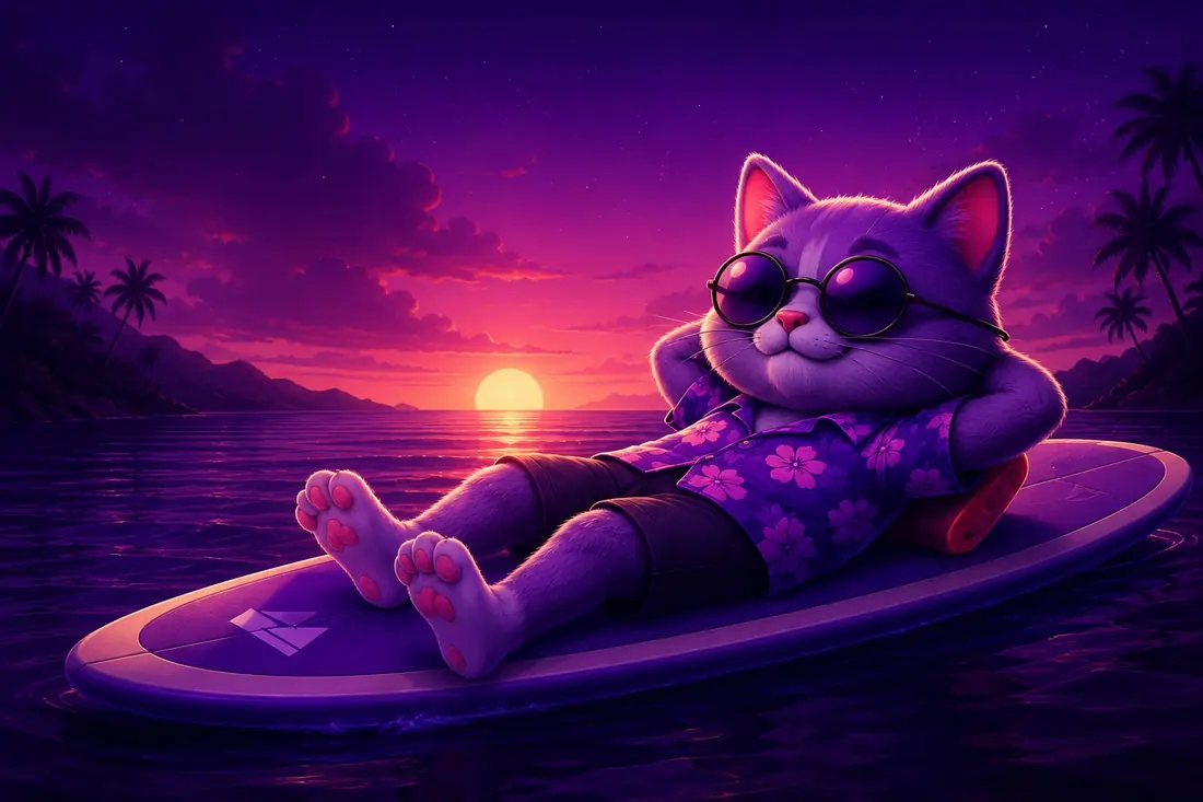 Tahoe mascot lounging on a surfboard at sunset