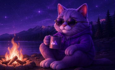 Tahoe mascot with a warm mug beside a campfire under the stars