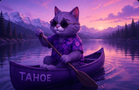 Tahoe mascot paddling a canoe named Tahoe across the lake at dusk