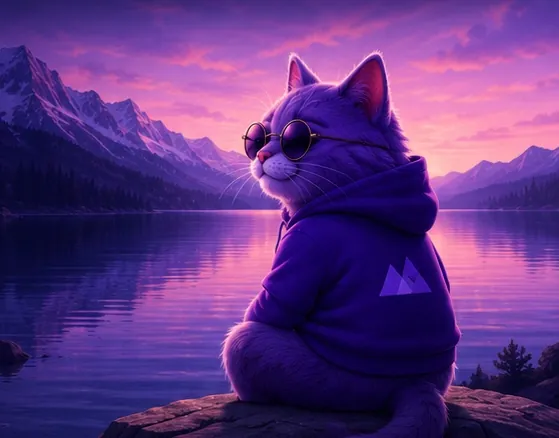 Tahoe mascot in a hoodie overlooking Lake Tahoe at dusk